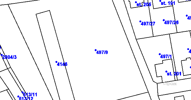 Parcela st. 497/9 v KÚ Svéradice, Katastrální mapa