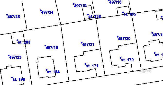 Parcela st. 497/21 v KÚ Svéradice, Katastrální mapa