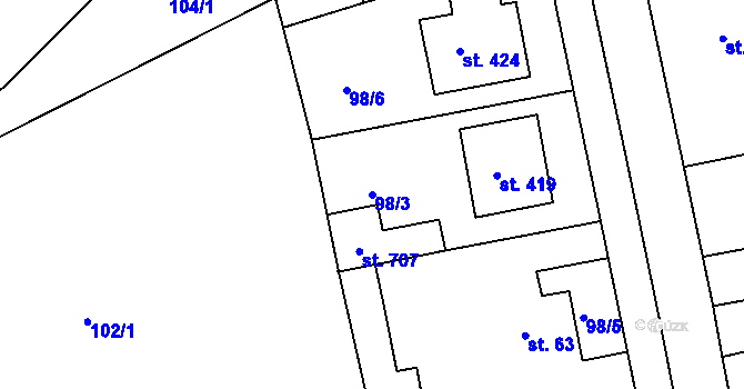 Parcela st. 98/3 v KÚ Svinary, Katastrální mapa