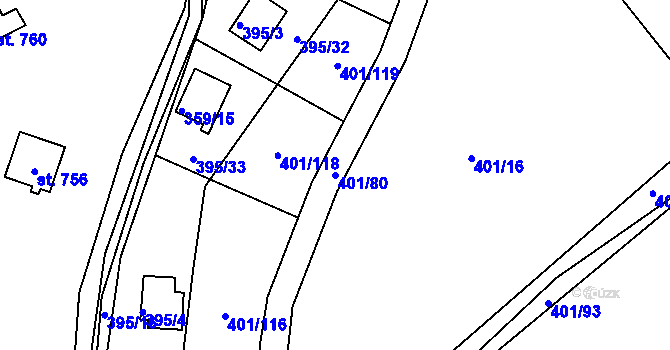 Parcela st. 401/80 v KÚ Svinary, Katastrální mapa