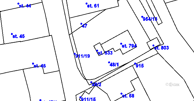 Parcela st. 533 v KÚ Svinaře, Katastrální mapa