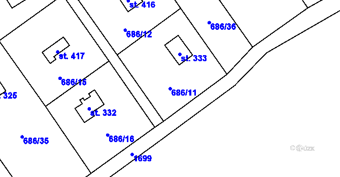 Parcela st. 686/11 v KÚ Svinaře, Katastrální mapa