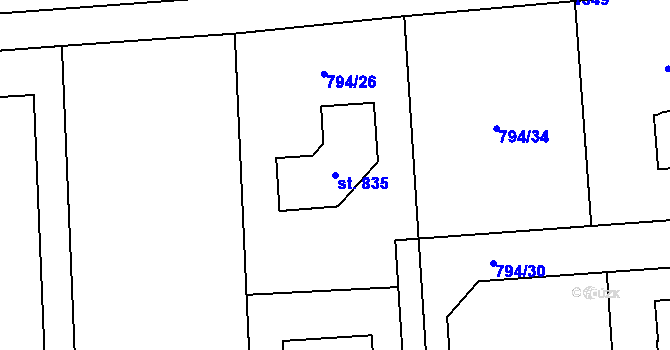 Parcela st. 835 v KÚ Svinaře, Katastrální mapa