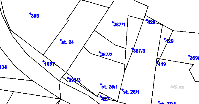 Parcela st. 387/2 v KÚ Raškovice u Přelouče, Katastrální mapa