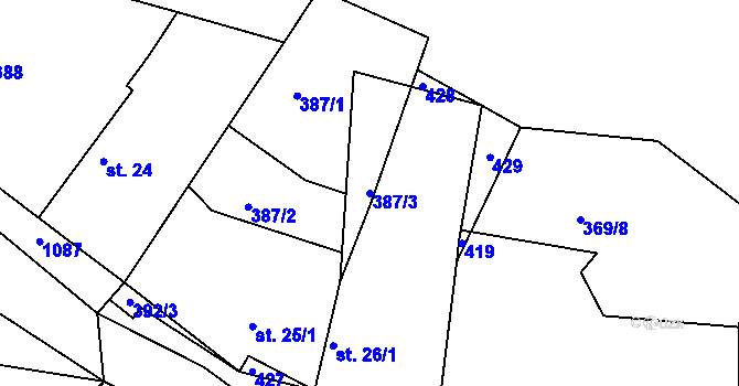 Parcela st. 387/3 v KÚ Raškovice u Přelouče, Katastrální mapa