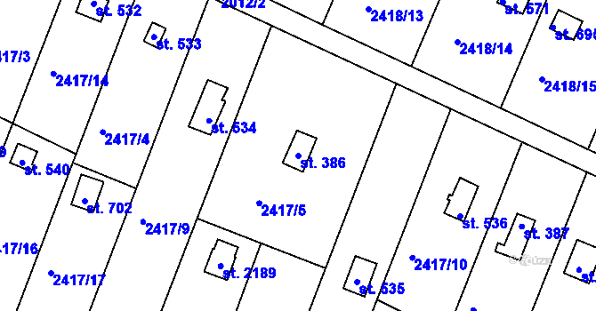 Parcela st. 386 v KÚ Moravský Lačnov, Katastrální mapa