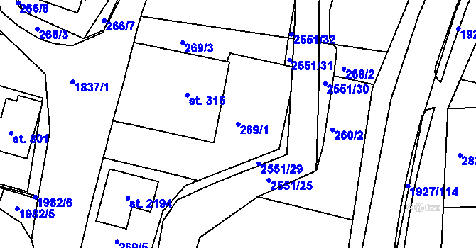 Parcela st. 269/1 v KÚ Moravský Lačnov, Katastrální mapa
