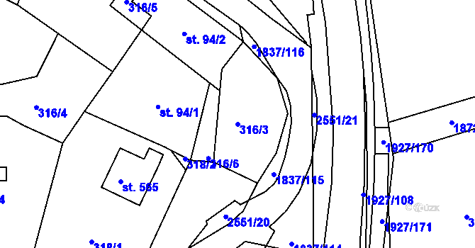 Parcela st. 316/3 v KÚ Moravský Lačnov, Katastrální mapa