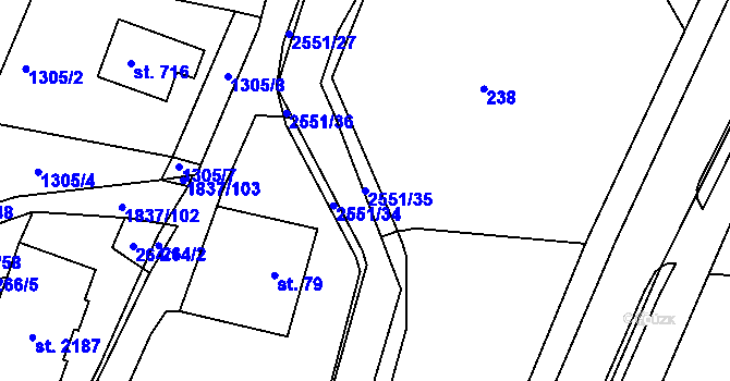 Parcela st. 2551/35 v KÚ Moravský Lačnov, Katastrální mapa