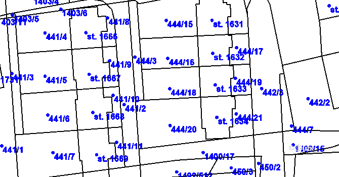Parcela st. 444/18 v KÚ Čtyřicet Lánů, Katastrální mapa