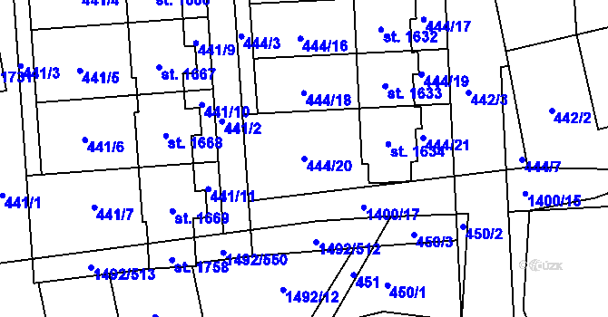 Parcela st. 444/20 v KÚ Čtyřicet Lánů, Katastrální mapa