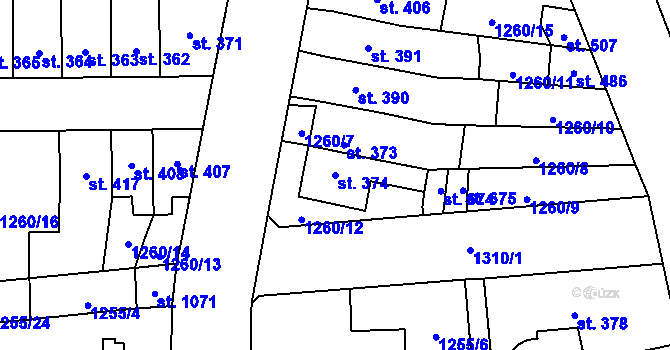 Parcela st. 374 v KÚ Čtyřicet Lánů, Katastrální mapa