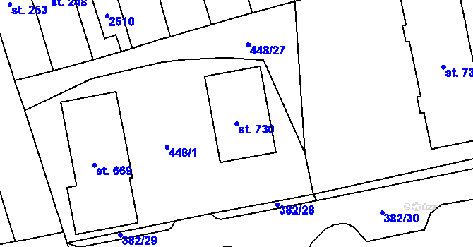 Parcela st. 730 v KÚ Čtyřicet Lánů, Katastrální mapa