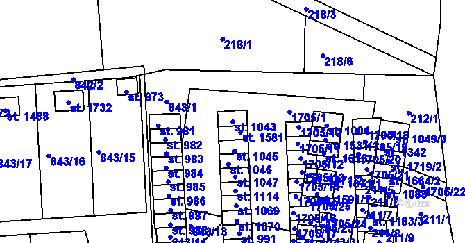 Parcela st. 1043 v KÚ Čtyřicet Lánů, Katastrální mapa