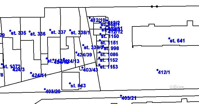 Parcela st. 1086 v KÚ Čtyřicet Lánů, Katastrální mapa