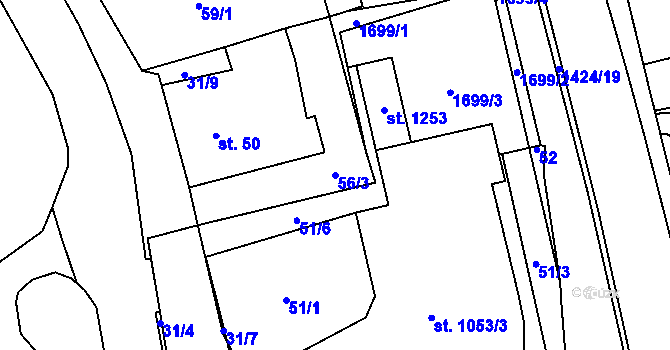 Parcela st. 56/3 v KÚ Čtyřicet Lánů, Katastrální mapa