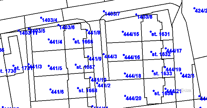 Parcela st. 444/3 v KÚ Čtyřicet Lánů, Katastrální mapa