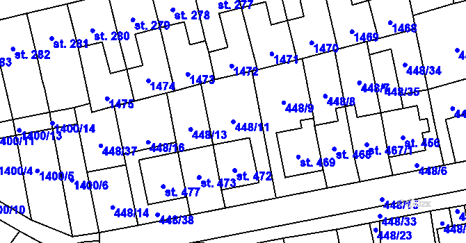Parcela st. 448/11 v KÚ Čtyřicet Lánů, Katastrální mapa