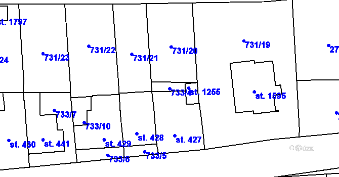 Parcela st. 733/4 v KÚ Čtyřicet Lánů, Katastrální mapa