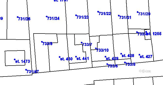 Parcela st. 733/7 v KÚ Čtyřicet Lánů, Katastrální mapa