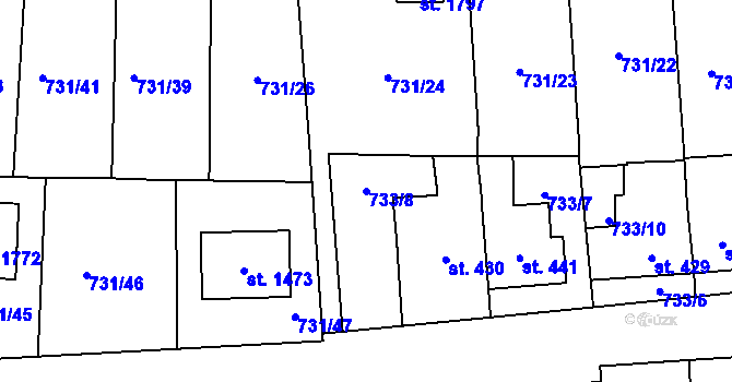 Parcela st. 733/8 v KÚ Čtyřicet Lánů, Katastrální mapa