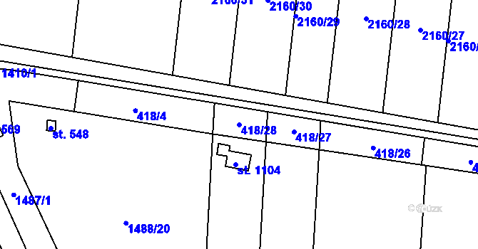 Parcela st. 418/28 v KÚ Čtyřicet Lánů, Katastrální mapa