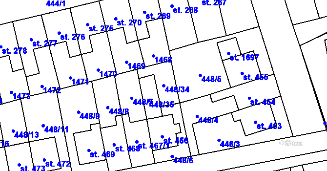 Parcela st. 448/34 v KÚ Čtyřicet Lánů, Katastrální mapa