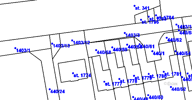 Parcela st. 440/58 v KÚ Čtyřicet Lánů, Katastrální mapa