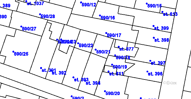 Parcela st. 590/21 v KÚ Svobodné Dvory, Katastrální mapa