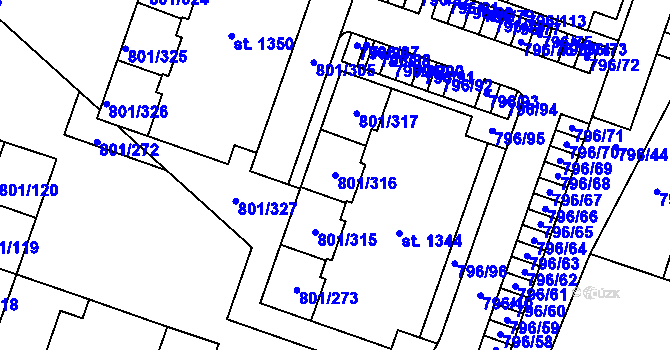 Parcela st. 801/316 v KÚ Svobodné Dvory, Katastrální mapa