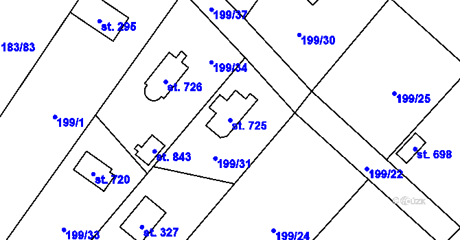 Parcela st. 725 v KÚ Svojetice, Katastrální mapa