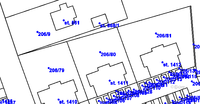 Parcela st. 206/80 v KÚ Svojetice, Katastrální mapa