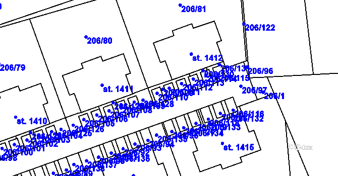 Parcela st. 206/111 v KÚ Svojetice, Katastrální mapa