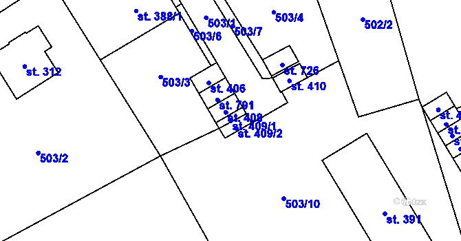 Parcela st. 409/1 v KÚ Svratka, Katastrální mapa