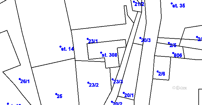 Parcela st. 308 v KÚ Čtveřín, Katastrální mapa