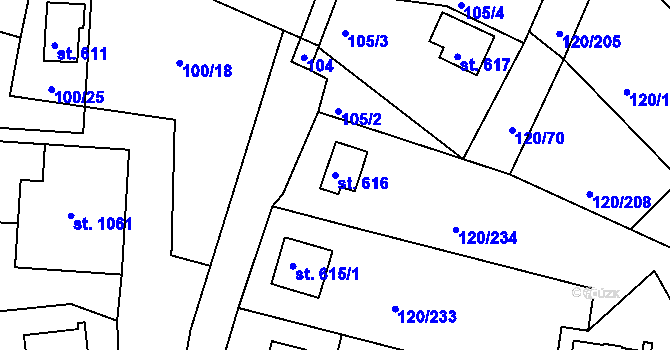 Parcela st. 616 v KÚ Sýkořice, Katastrální mapa