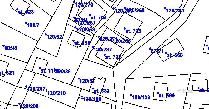 Parcela st. 727 v KÚ Sýkořice, Katastrální mapa
