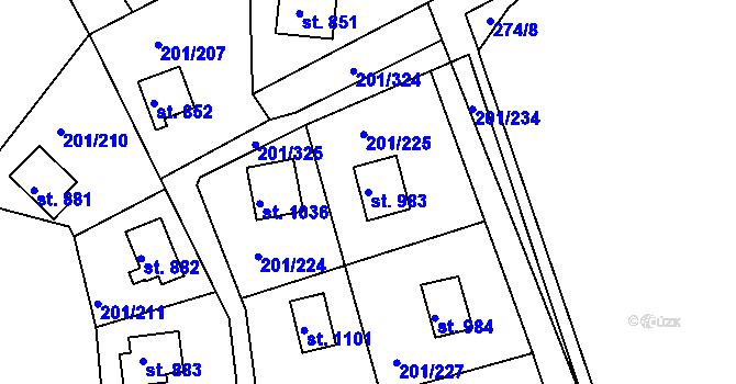 Parcela st. 983 v KÚ Sýkořice, Katastrální mapa