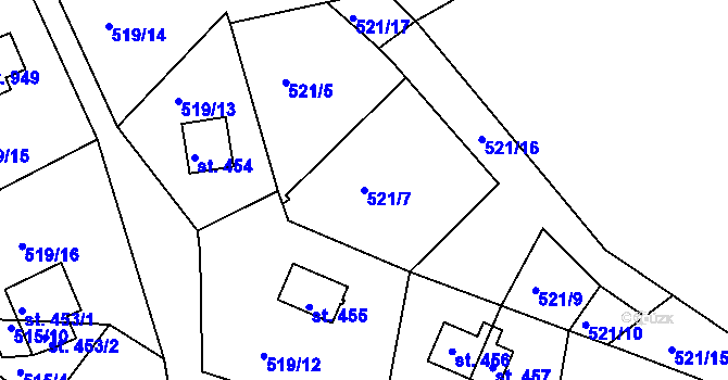 Parcela st. 521/7 v KÚ Sýkořice, Katastrální mapa