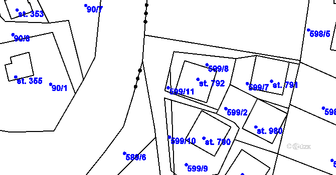 Parcela st. 599/11 v KÚ Sýkořice, Katastrální mapa