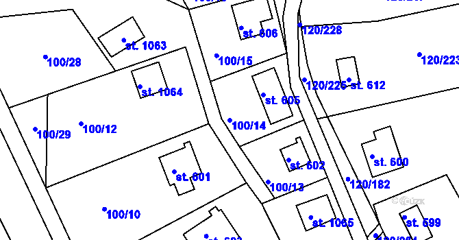 Parcela st. 100/14 v KÚ Sýkořice, Katastrální mapa