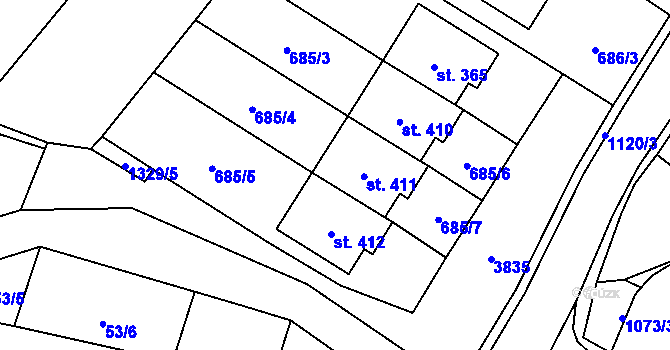 Parcela st. 411 v KÚ Šebetov, Katastrální mapa