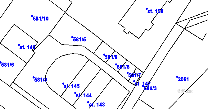 Parcela st. 581/9 v KÚ Šebířov, Katastrální mapa