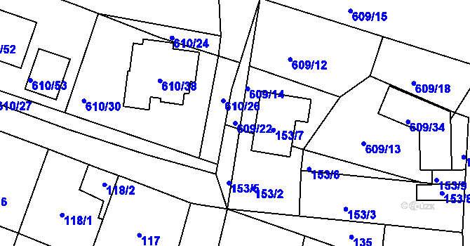 Parcela st. 609/22 v KÚ Šebrov, Katastrální mapa