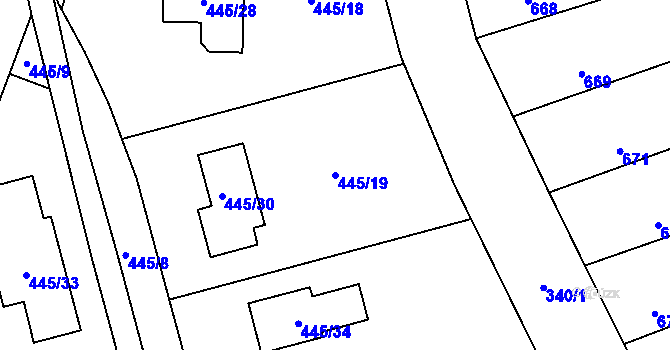 Parcela st. 445/19 v KÚ Šebrov, Katastrální mapa