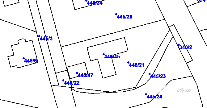 Parcela st. 445/45 v KÚ Šebrov, Katastrální mapa