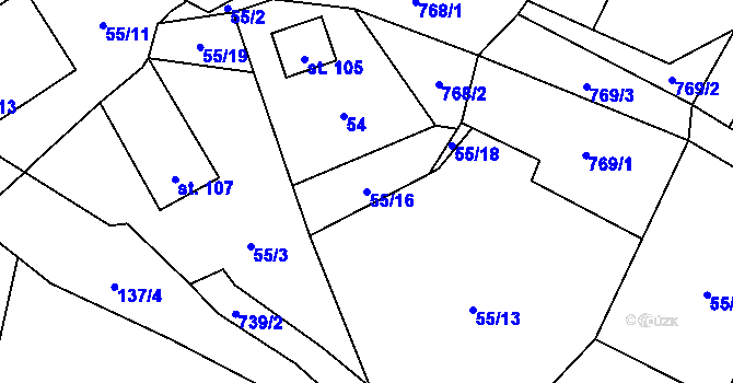 Parcela st. 55/16 v KÚ Pulovice, Katastrální mapa