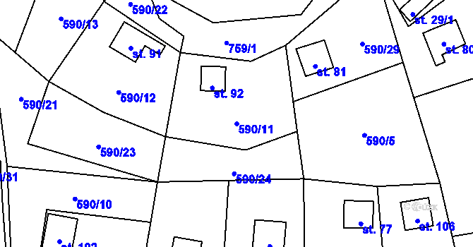 Parcela st. 590/11 v KÚ Pulovice, Katastrální mapa