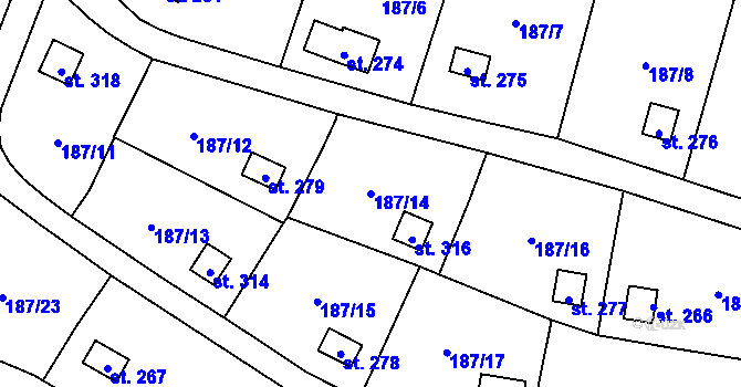 Parcela st. 187/14 v KÚ Šemnice, Katastrální mapa