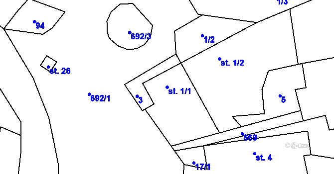 Parcela st. 1/1 v KÚ Šetějovice, Katastrální mapa